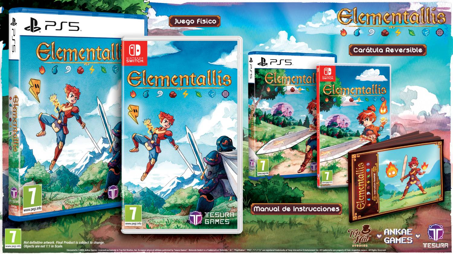 Ediciones físicas y accesorios del juego Elementallis para PlayStation 5 y Nintendo Switch con manual.