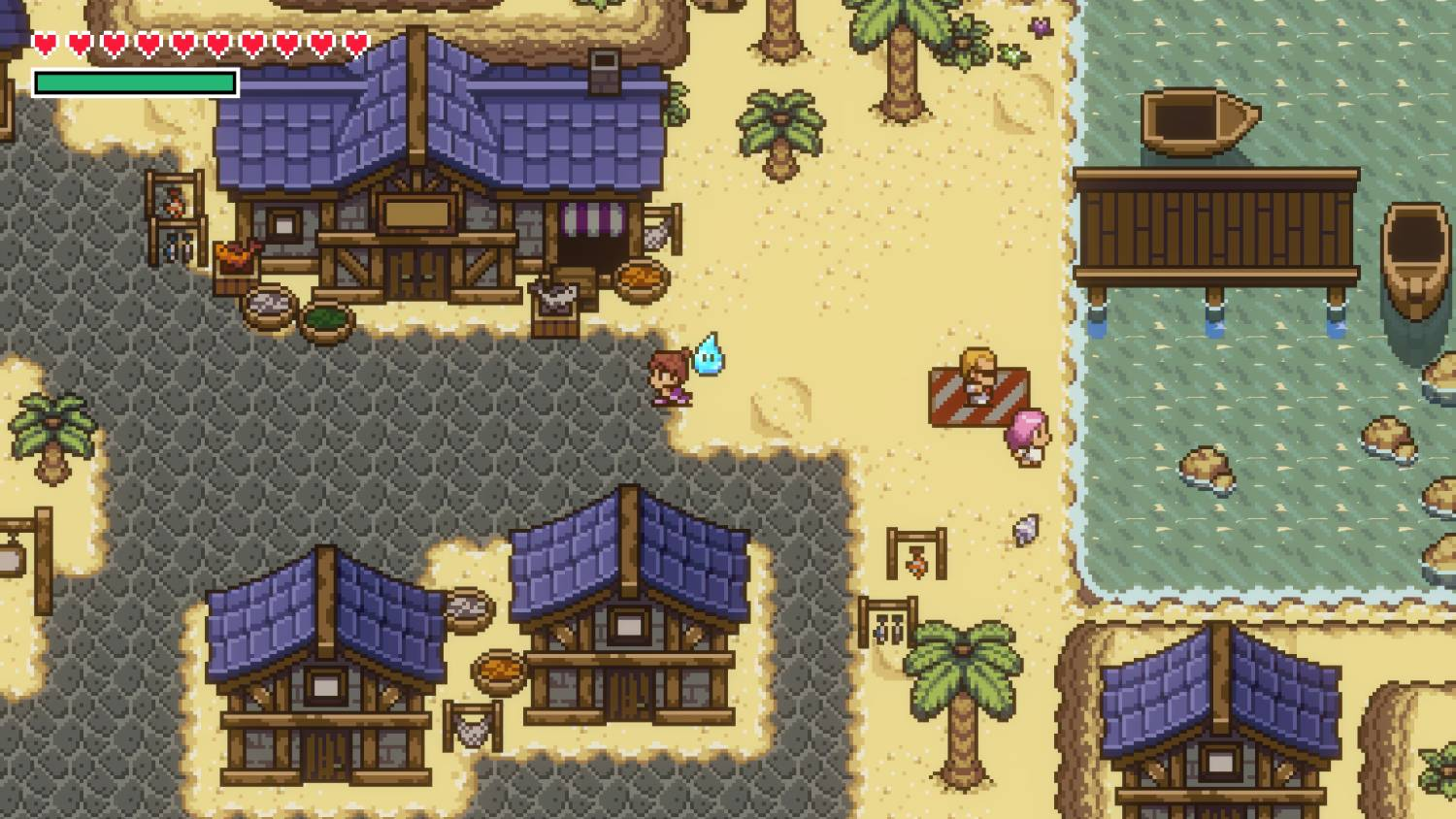 Escena de juego en pixel art con edificios de madera, playa de arena, agua azul y un pequeño personaje en el centro.