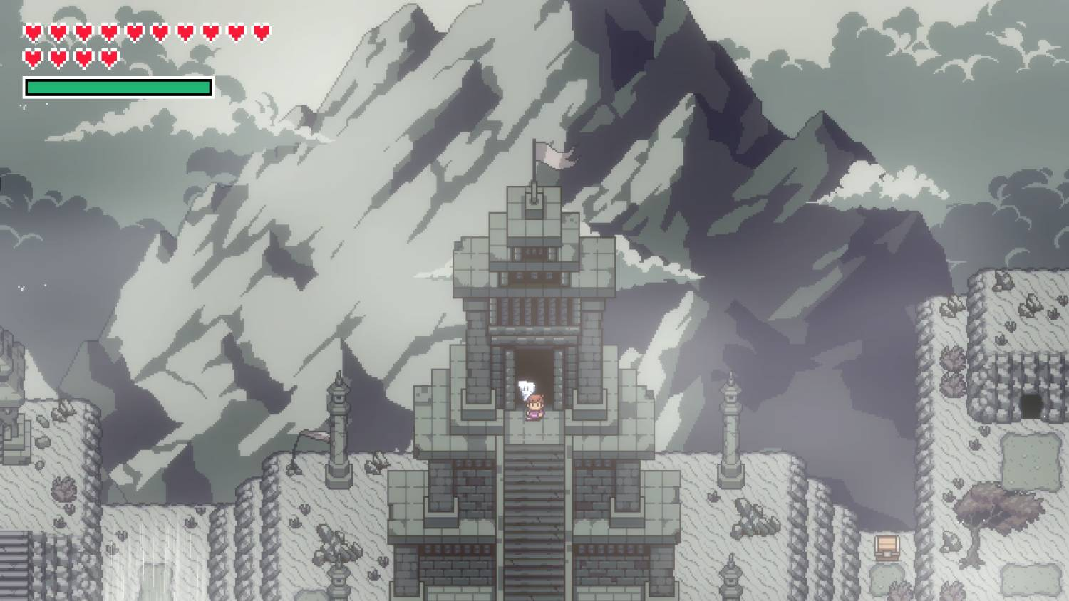 Un pequeño personaje de videojuego frente a una torre de piedra con montañas nevadas al fondo en estilo pixel art.