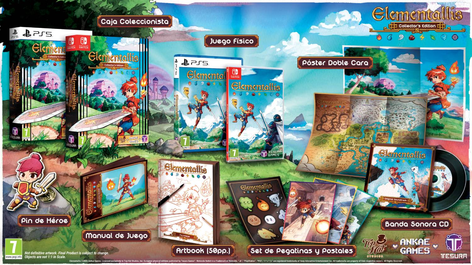 Edición coleccionista de Elementallis con juego, libro de arte, CD, póster, pin y pegatinas sobre fondo verde.