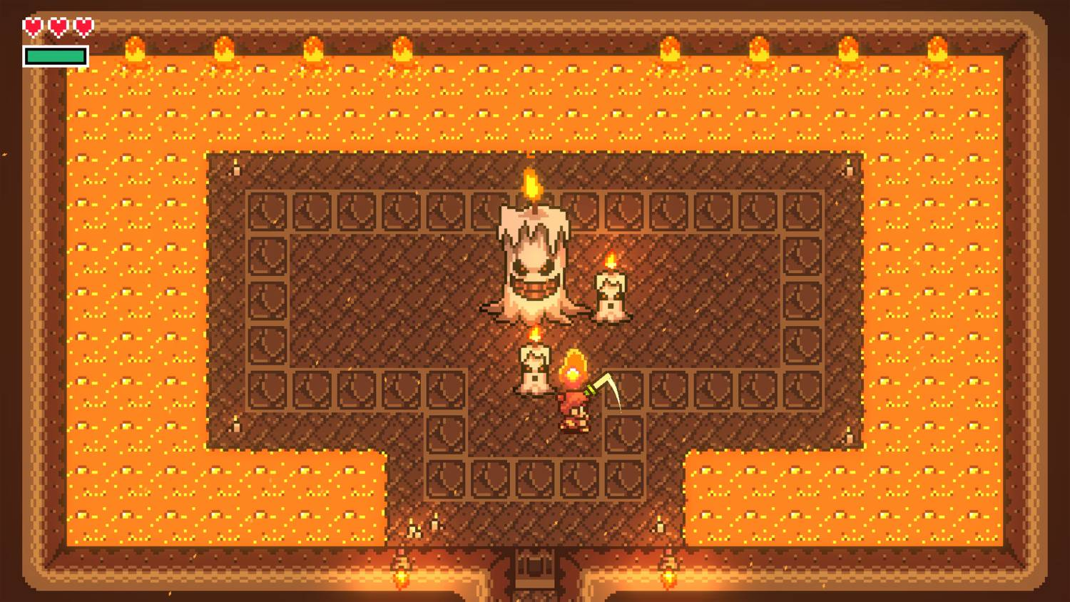 Escena de juego de arte de píxeles con un personaje pequeño luchando contra monstruos de velas en una habitación naranja.