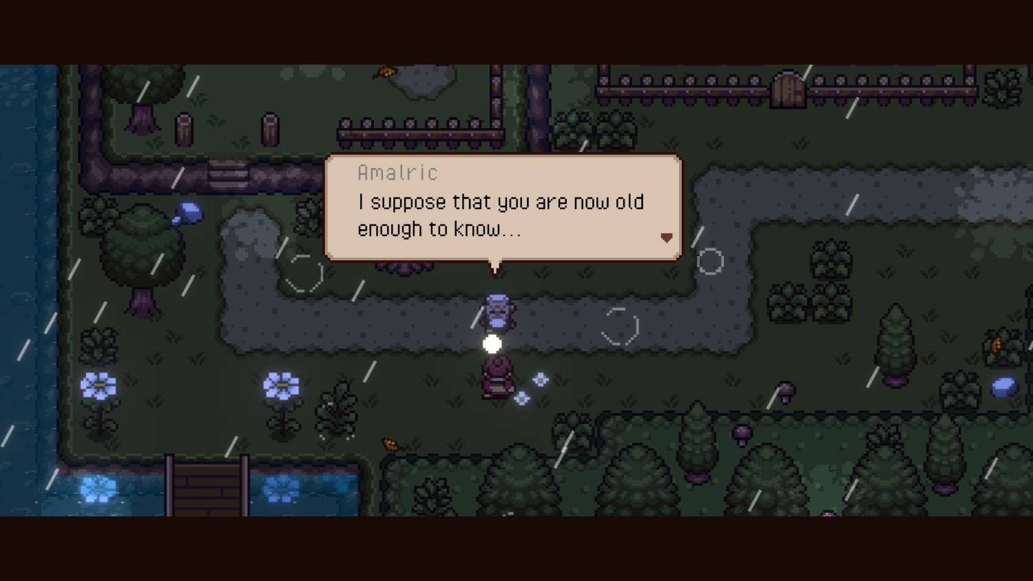 Escena de pixel art bajo la lluvia donde Amalric habla con una persona.