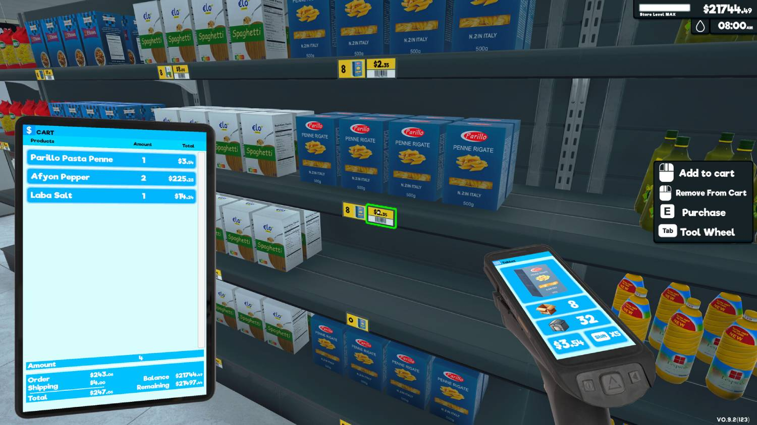 Un estante de supermercado con pasta y un carrito de compras digital en una tableta.