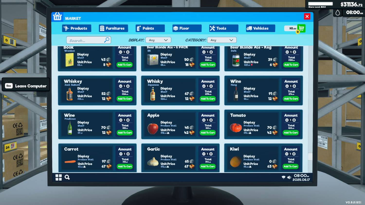 Una pantalla de videojuego muestra el mercado del juego con una cuadrícula de productos, precios y botones de compra.