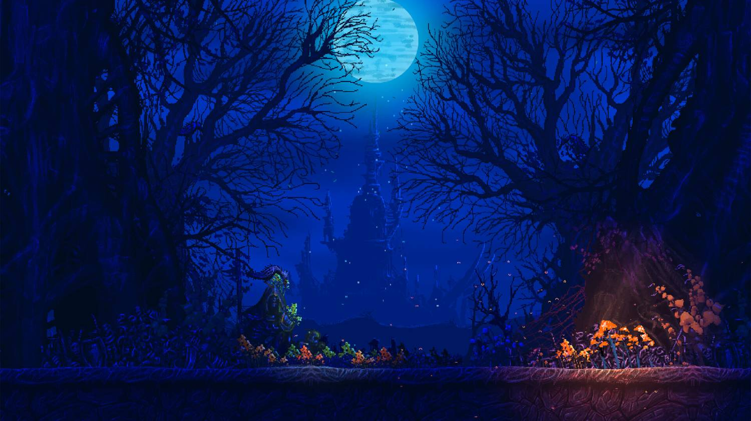 Bosque oscuro de noche con luna llena y un castillo misterioso y lejano al fondo.