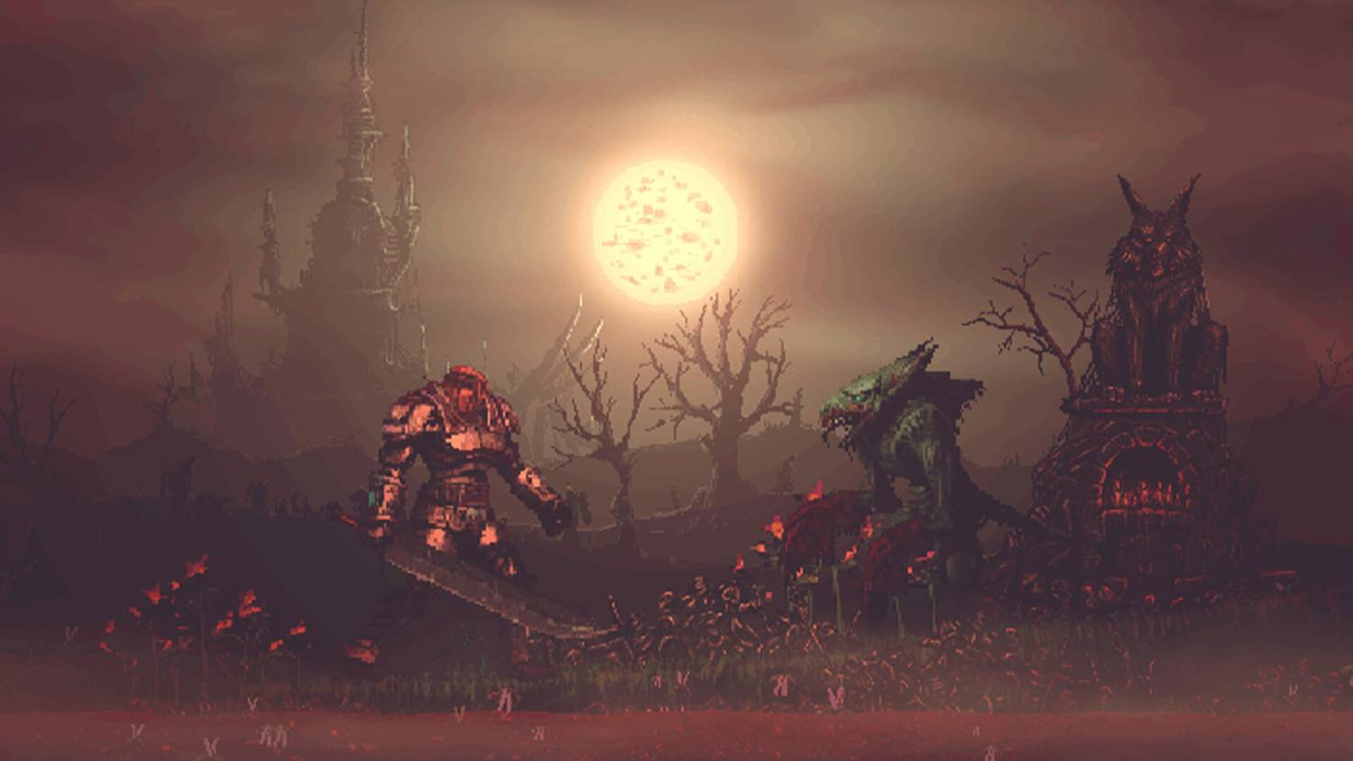 Una escena de arte píxel con un guerrero frente a una criatura verde bajo una luna brillante.