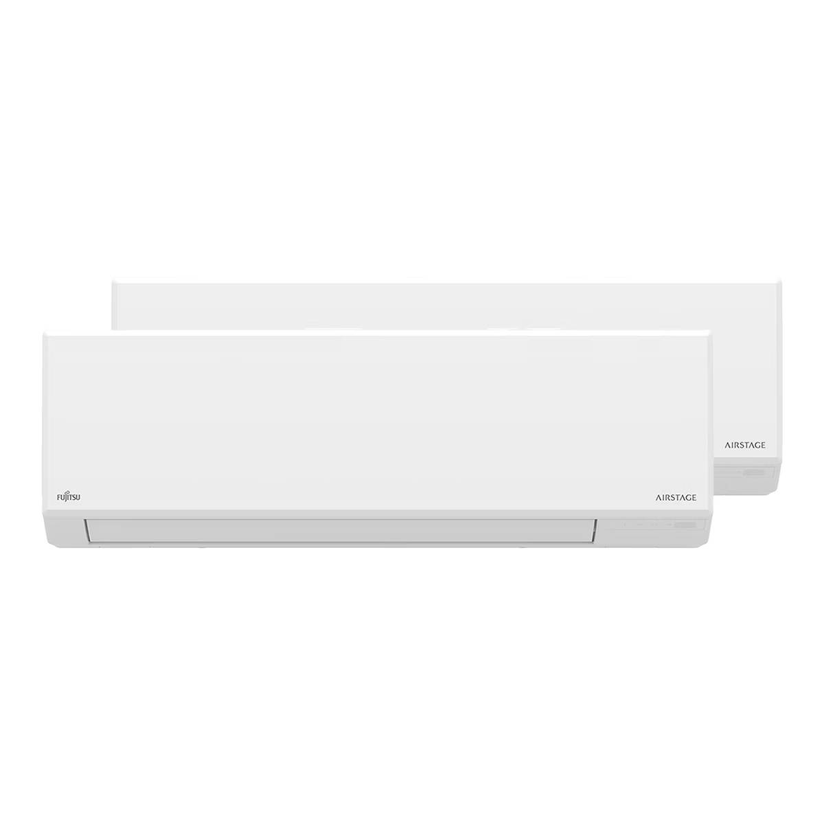 Dos unidades de aire acondicionado blancas Fujitsu Airstage sobre fondo blanco.