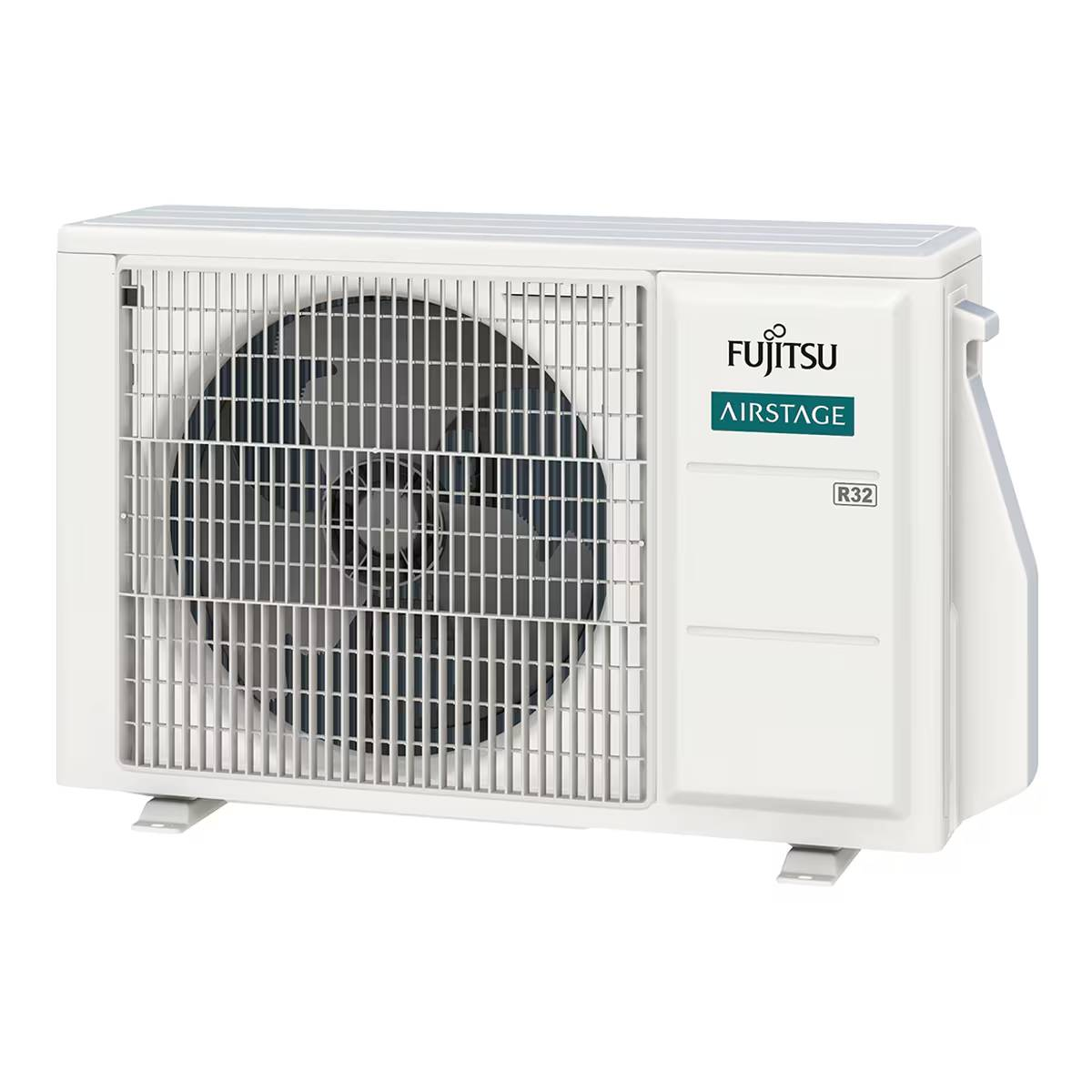 Unidad exterior de aire acondicionado Fujitsu Airstage blanca con un ventilador grande sobre fondo blanco.