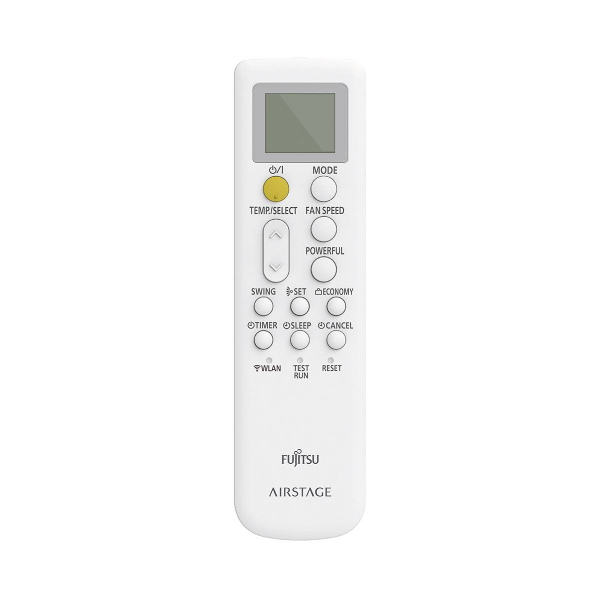 Un control remoto de aire acondicionado blanco Fujitsu Airstage con botones grises y pantalla.
