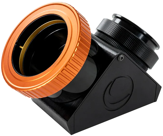 Ein schwarzer Teleskop-Zenitspiegel mit einem auffälligen orangen Rändelring auf weißem Hintergrund.