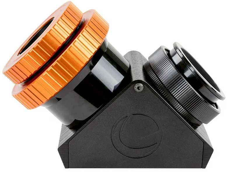 Ein schwarzer Teleskop-Zenitspiegel mit zwei unterschiedlich großen, orange-schwarzen Öffnungen.