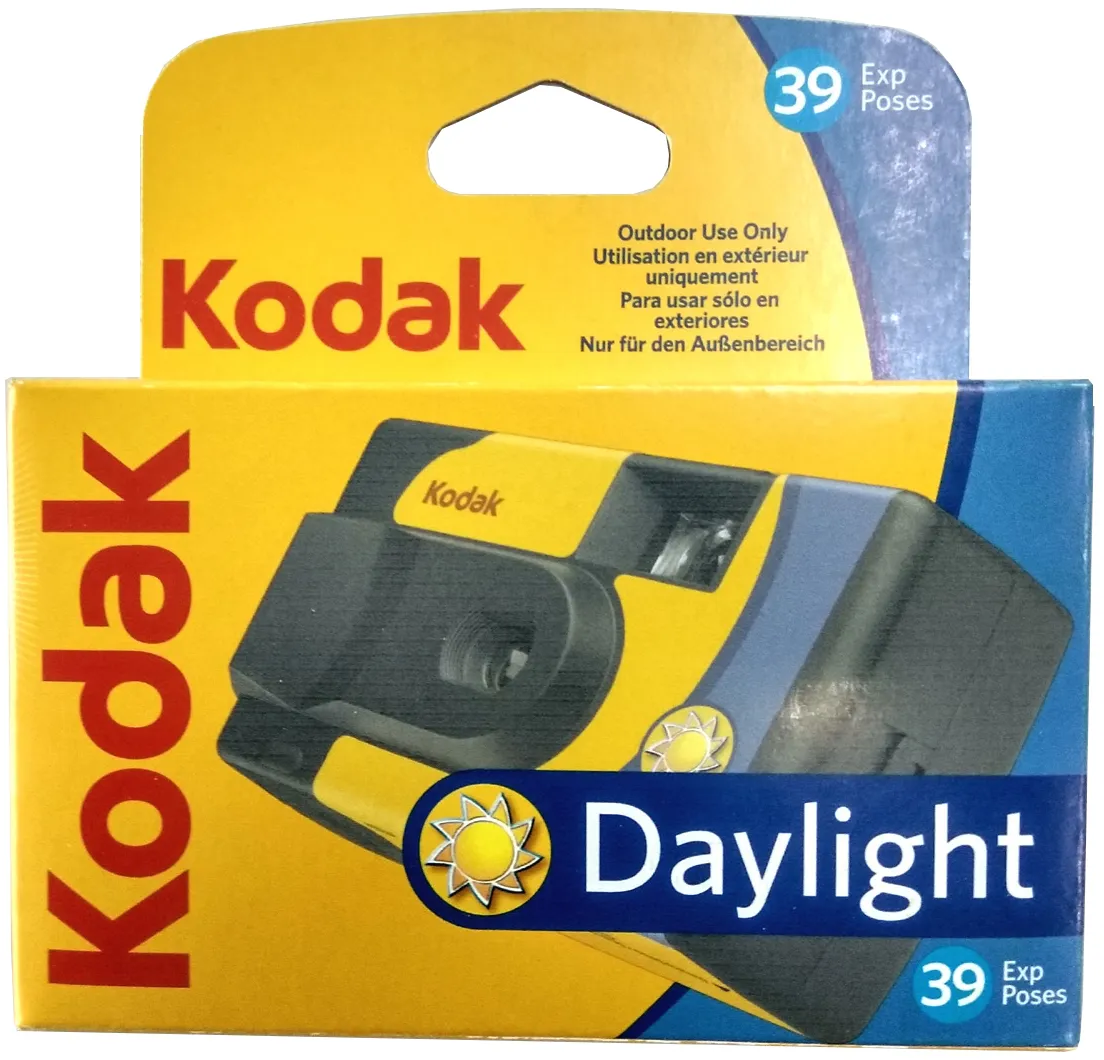 Boîte d'appareil photo jetable Kodak Daylight jaune et bleu, 39 poses pour l'extérieur.