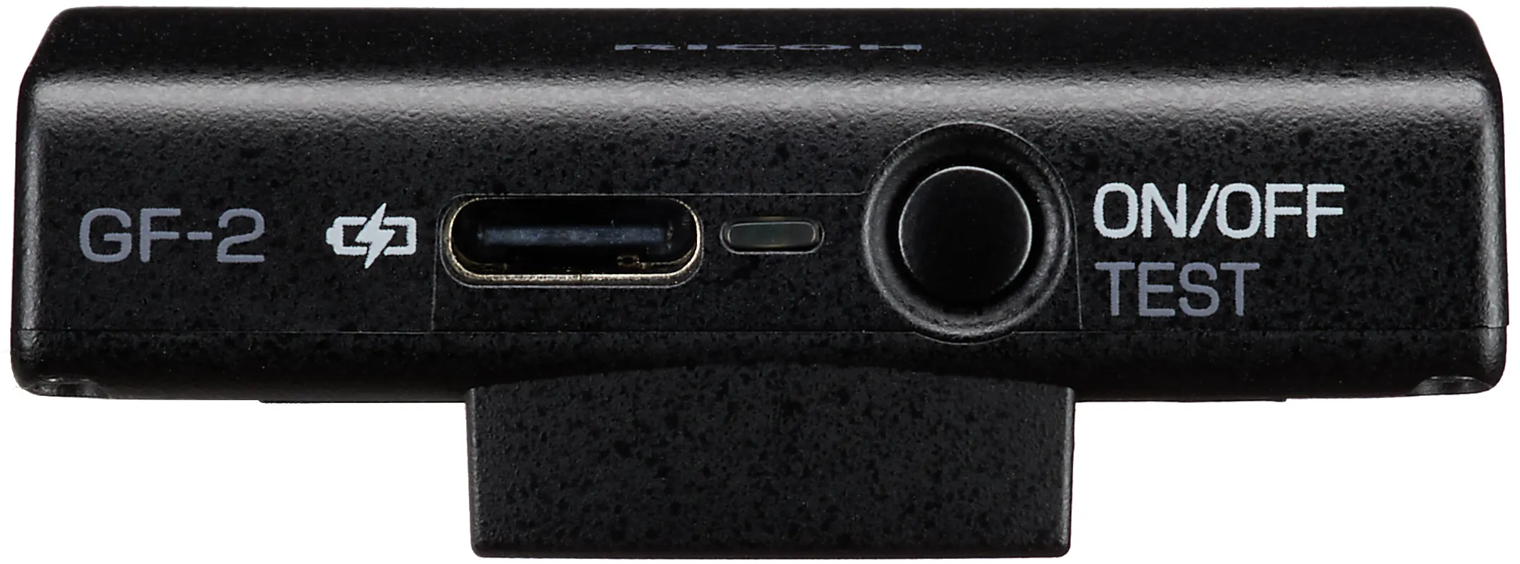Dispositivo elettronico nero con porta USB-C, LED, pulsante di accensione e etichetta GF-2.