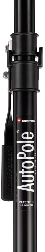 Gros plan sur un AutoPole noir Manfrotto avec un levier de verrouillage.