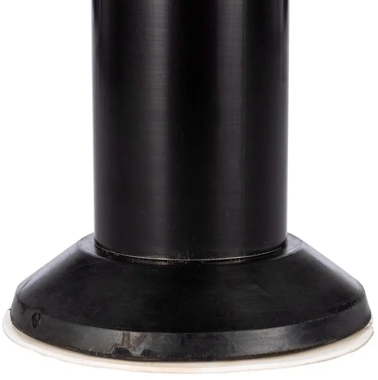 Un pied de table cylindrique noir en métal avec une base évasée sur fond blanc.