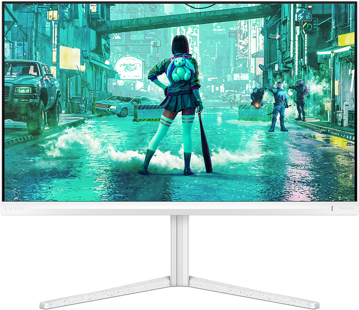 Egy fehér Philips monitor egy kékeszöld cyberpunk utcai jelenetet mutat egy alakkal.