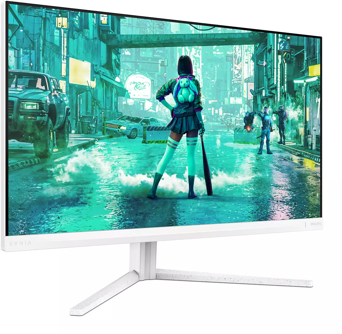 Egy fehér Philips monitor futurisztikus cyberpunk utcatépet mutat egy ütőt tartó alakkal.
