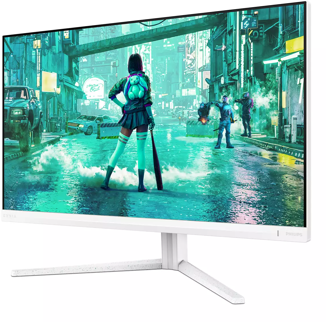 Egy fehér Philips Evnia monitor egy videójáték jelenetét mutatja egy személlyel egy sivatagos, zöldes árnyalatú utcán.