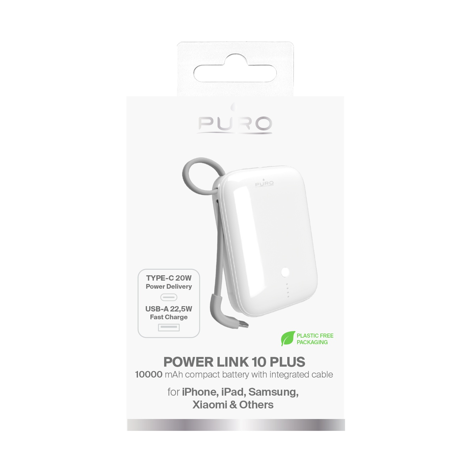 Confezione bianca Puro Power Link 10 Plus con cavo di ricarica integrato e specifiche.