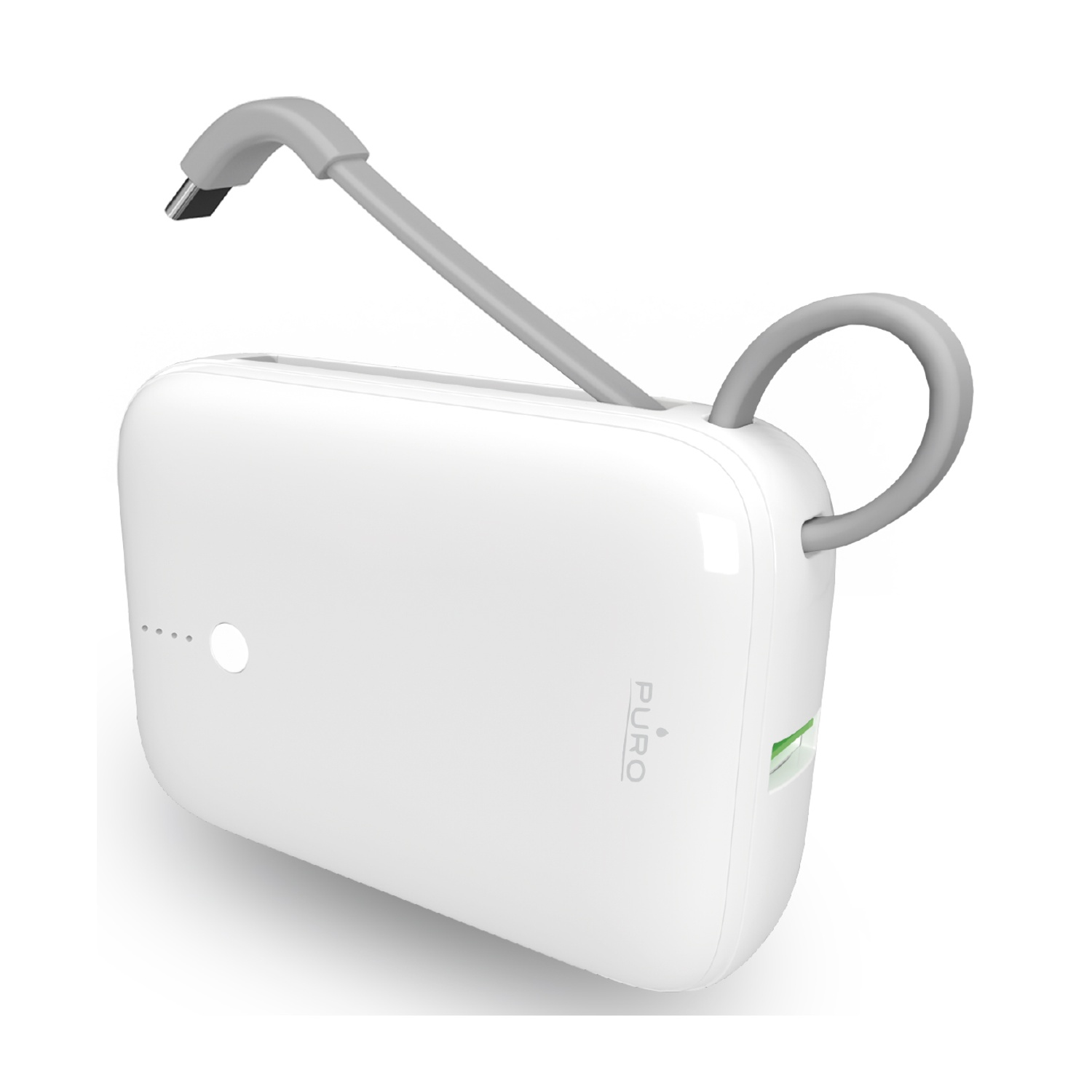 Un power bank bianco con cavo USB-C grigio integrato su sfondo bianco.
