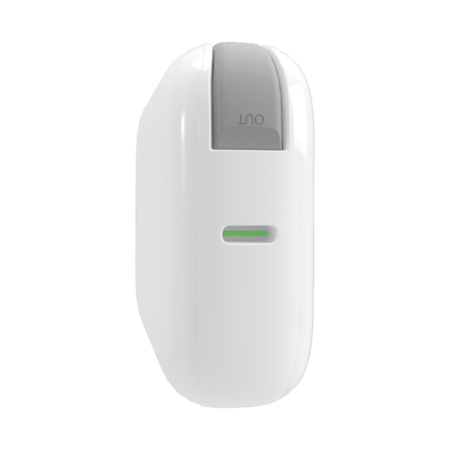 Caricabatterie portatile bianco con pulsante grigio e spia LED verde.