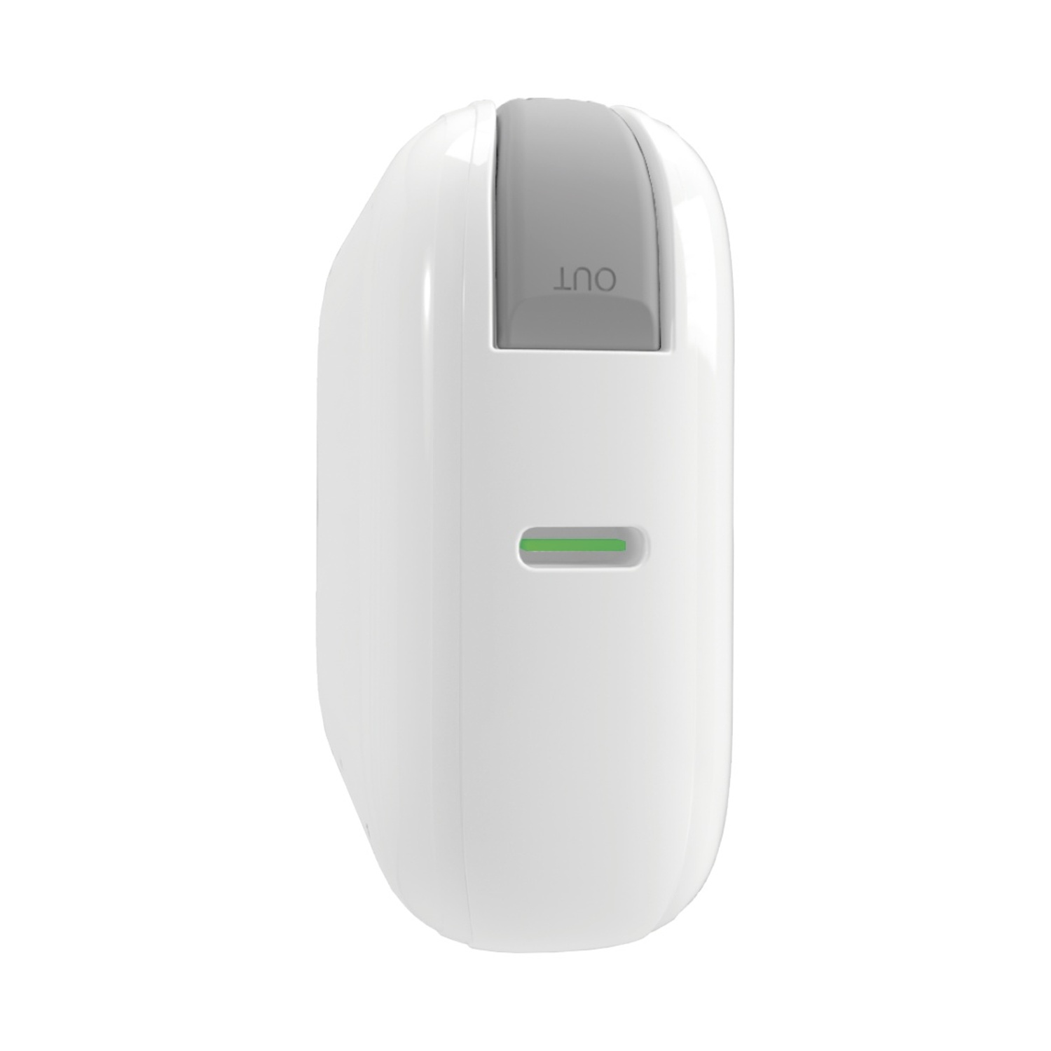 Dispositivo tecnologico bianco con parte superiore grigia e fessura verde luminosa su sfondo bianco.