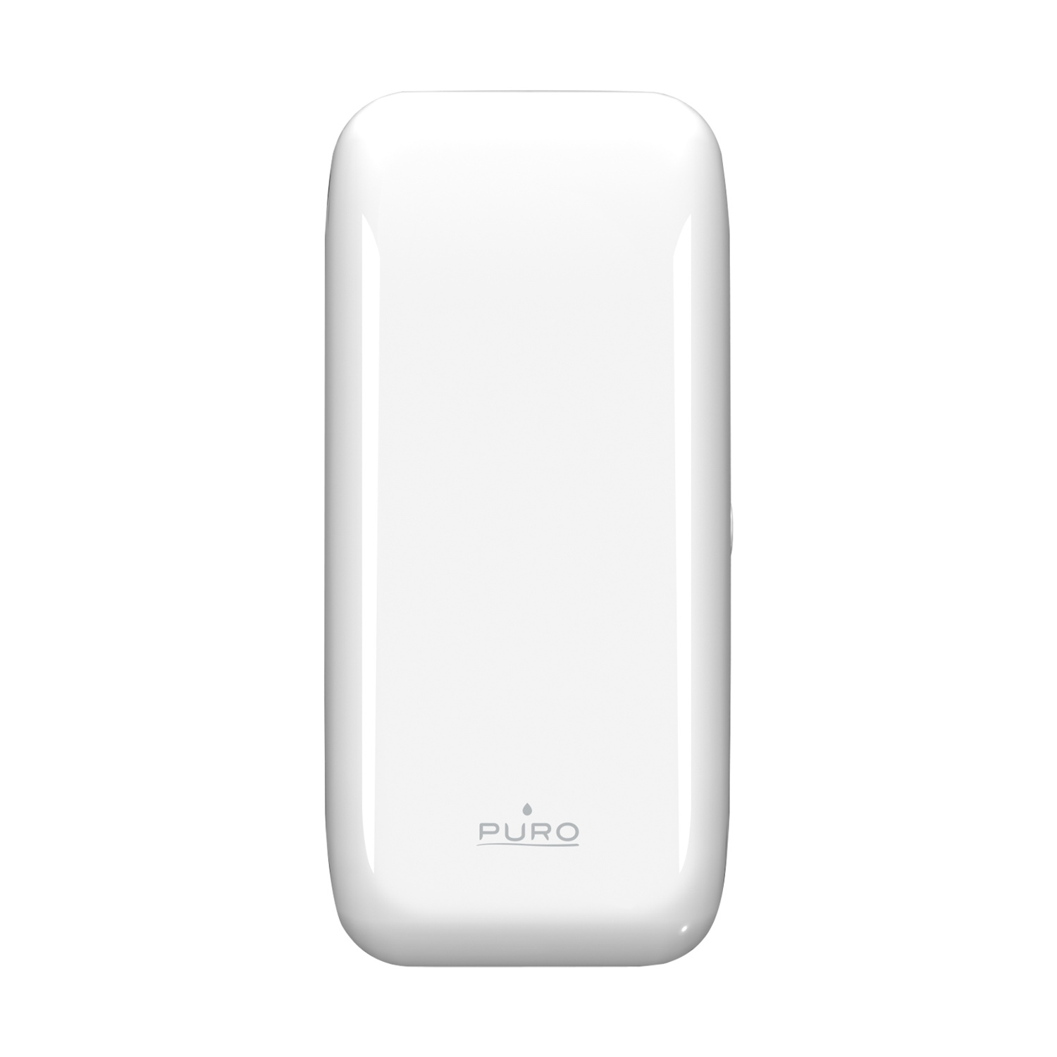Un power bank Puro bianco lucido con angoli arrotondati su uno sfondo bianco.
