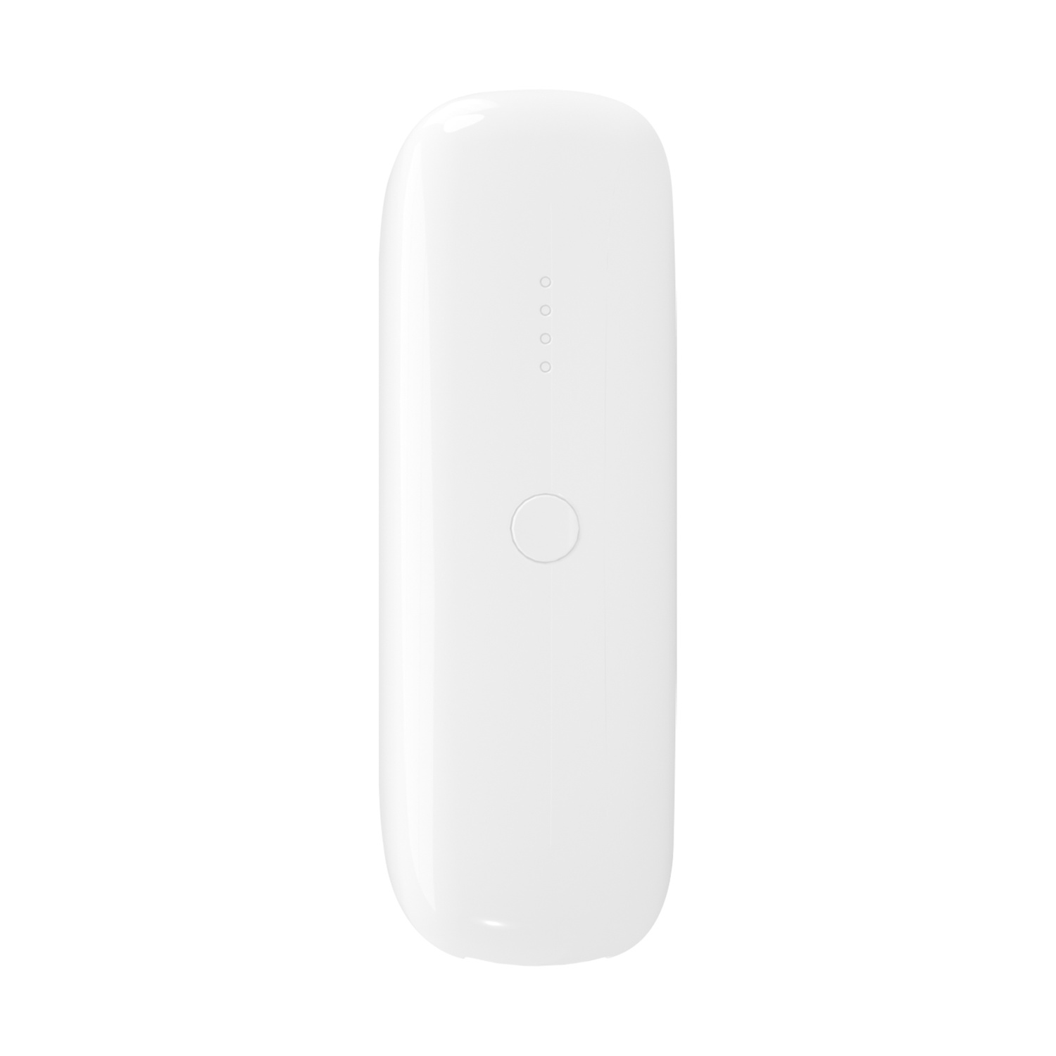 Una scatola elettronica allungata bianco lucido con un pulsante e quattro piccole spie luminose su sfondo bianco.