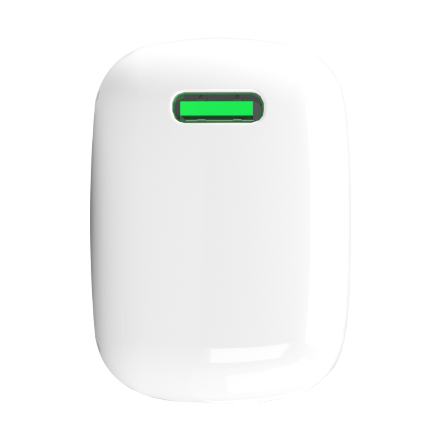 Un dispositivo bianco e arrotondato con una porta USB verde brillante in alto su sfondo bianco.