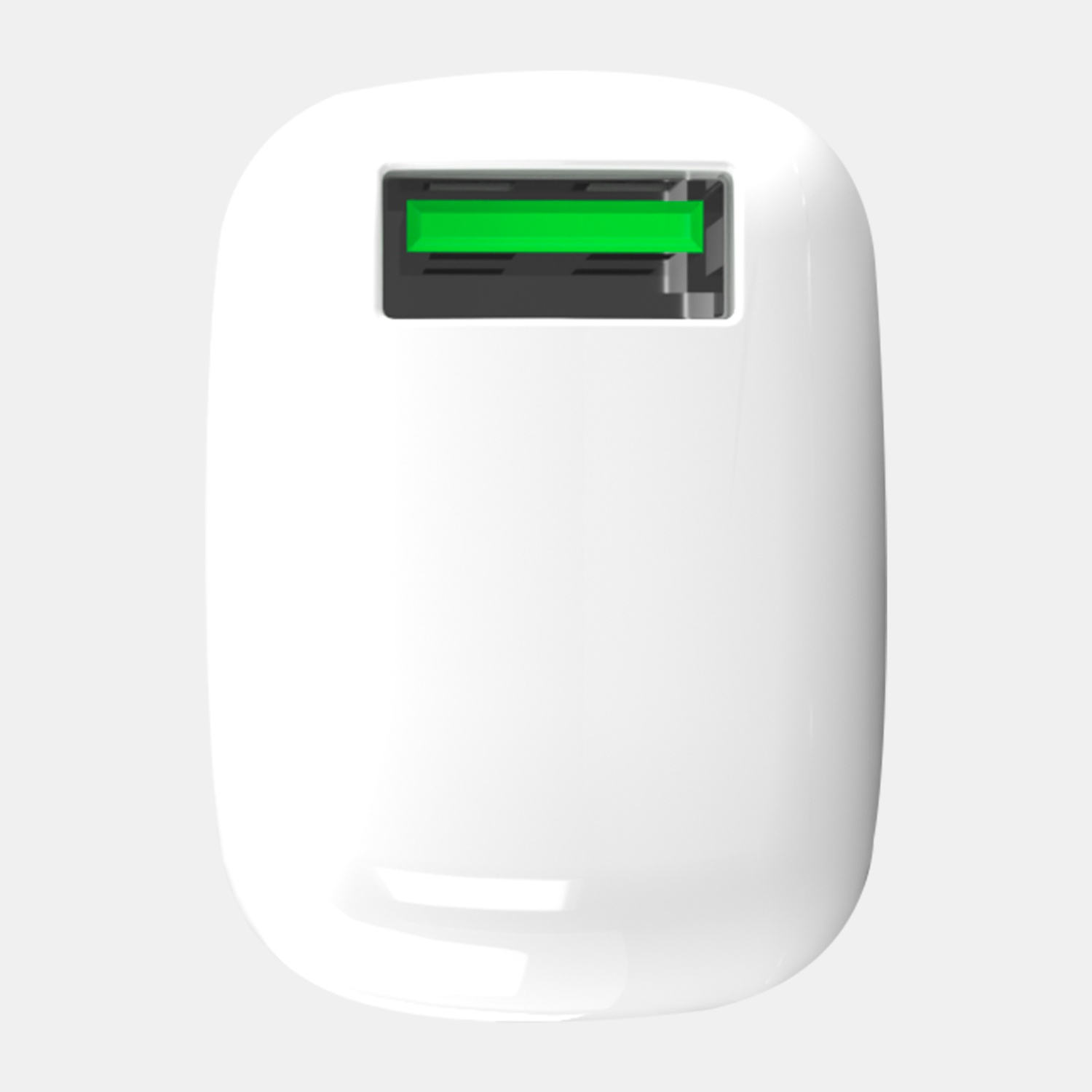 Un caricabatterie da muro USB bianco con una singola porta USB verde su sfondo chiaro.