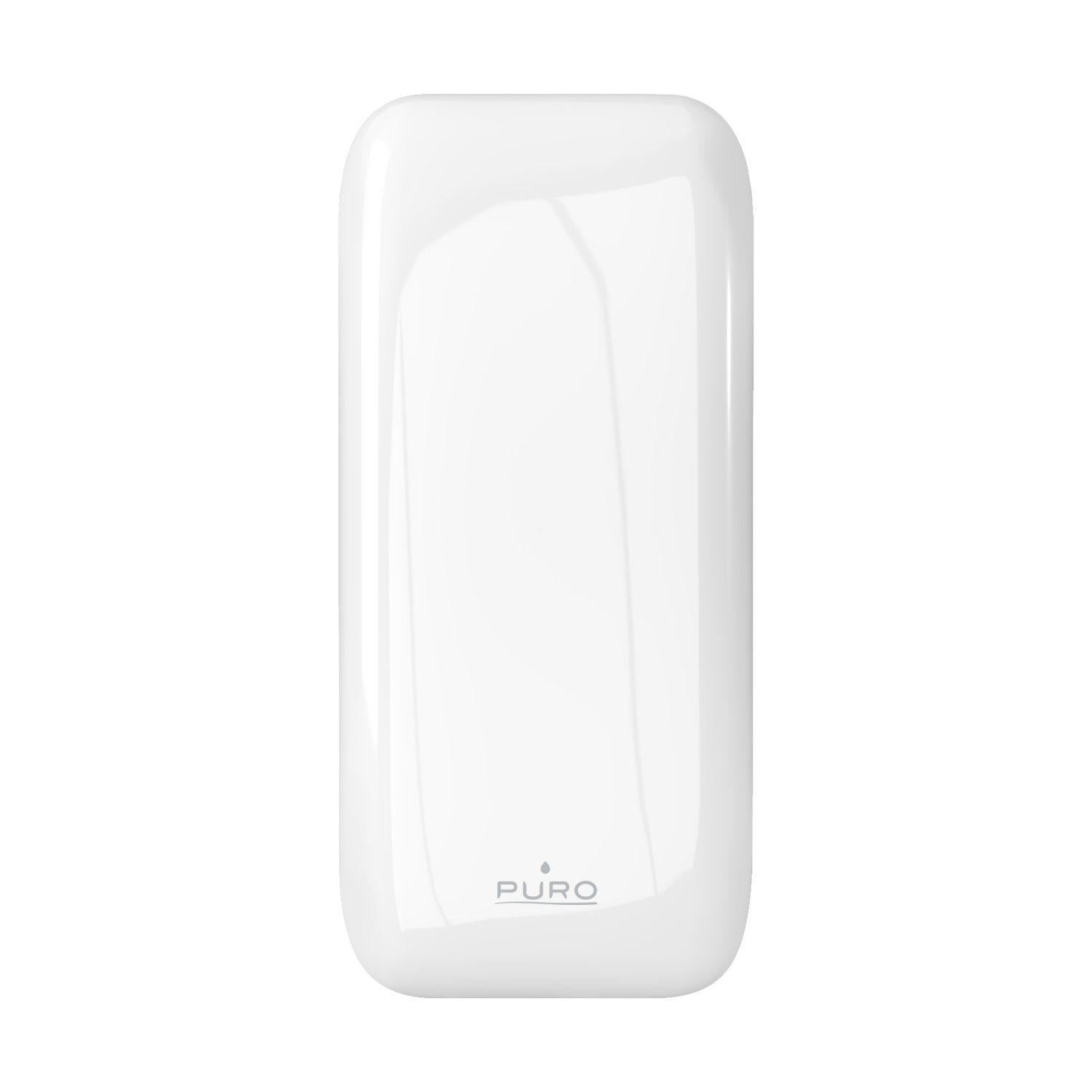 Un power bank bianco lucido con angoli arrotondati e il logo del marchio PURO in basso.
