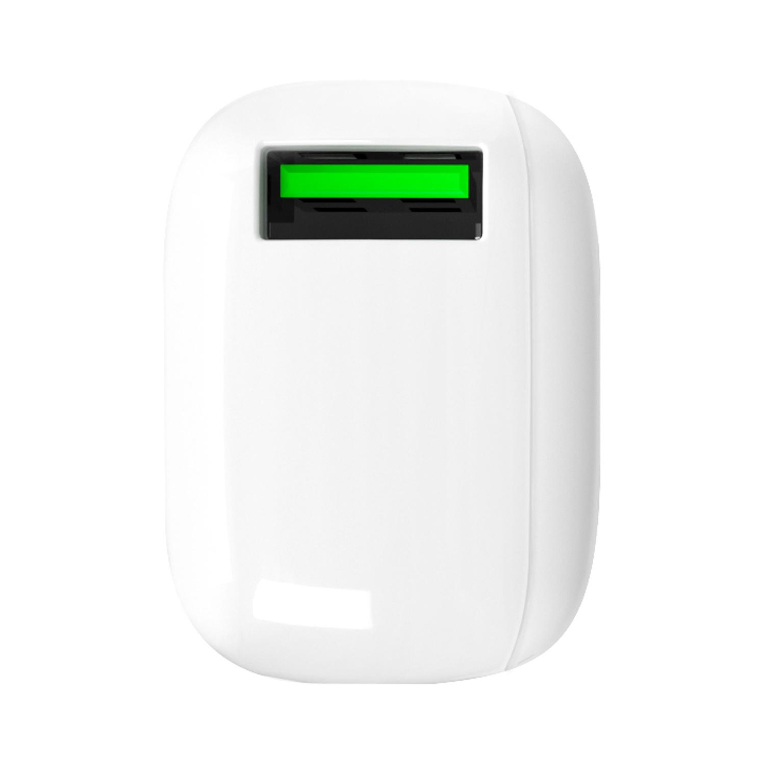 Un caricabatterie USB bianco e arrotondato con una porta verde sul davanti su sfondo bianco.