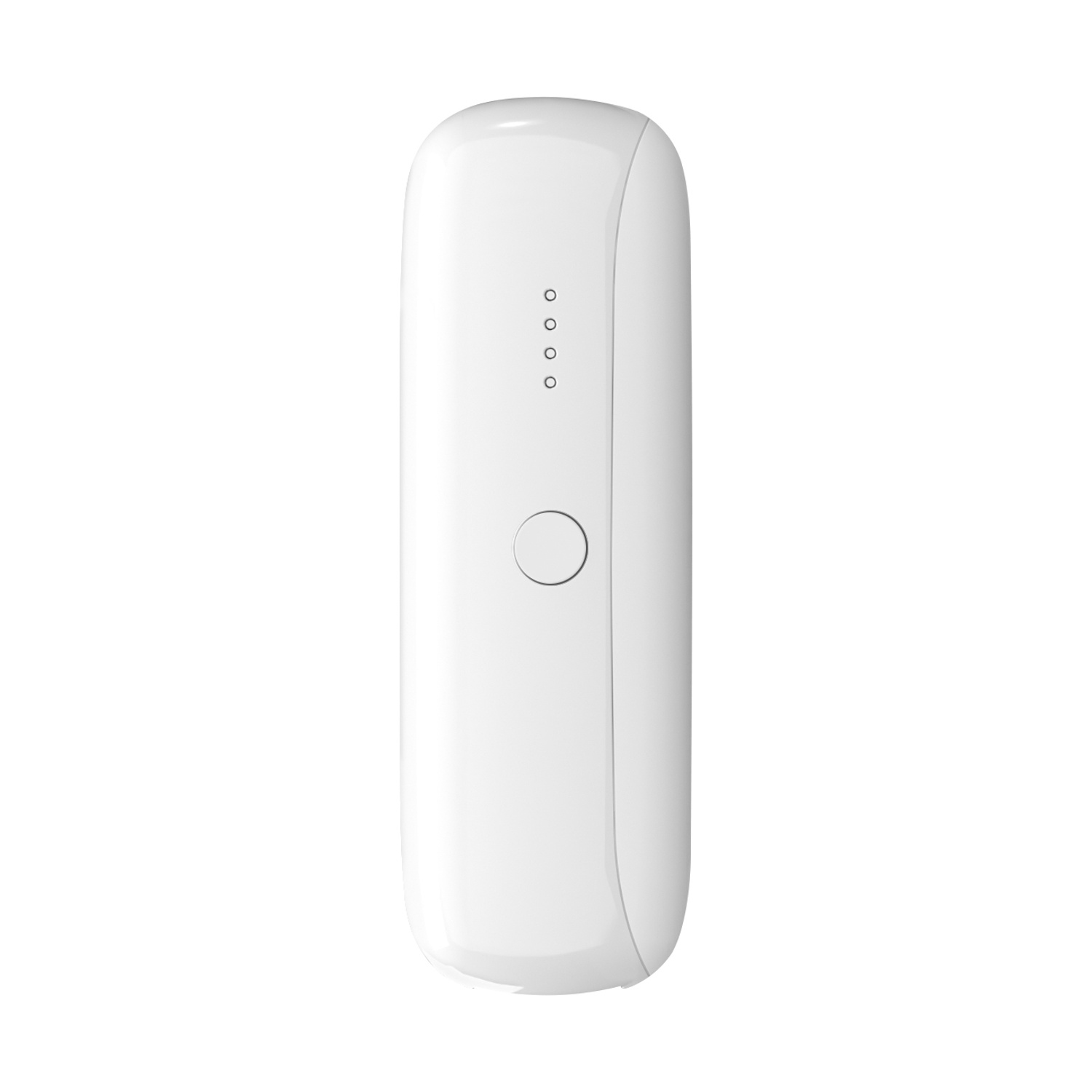 Un dispositivo bianco allungato con una curva verticale, quattro piccoli punti LED e un pulsante rotondo.
