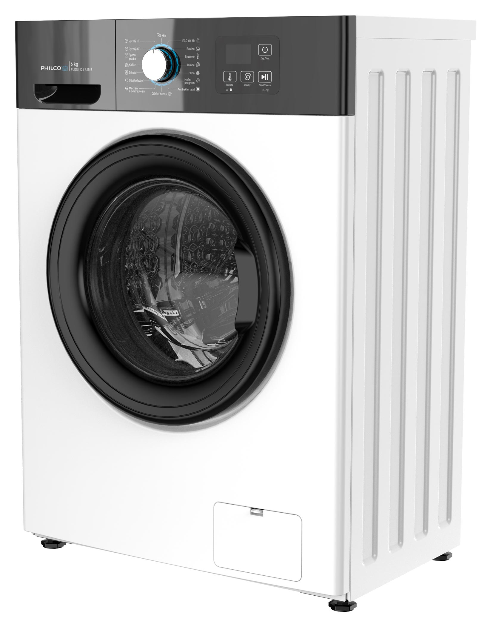 Fehér Philco mosógép fekete kezelőpanellel és kerek üvegajtóval, fehér alapon izolálva.