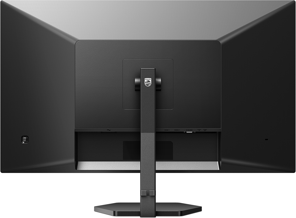 Egy fekete Philips számítógép-monitor hátulja, állvánnyal, fekete háttér előtt.