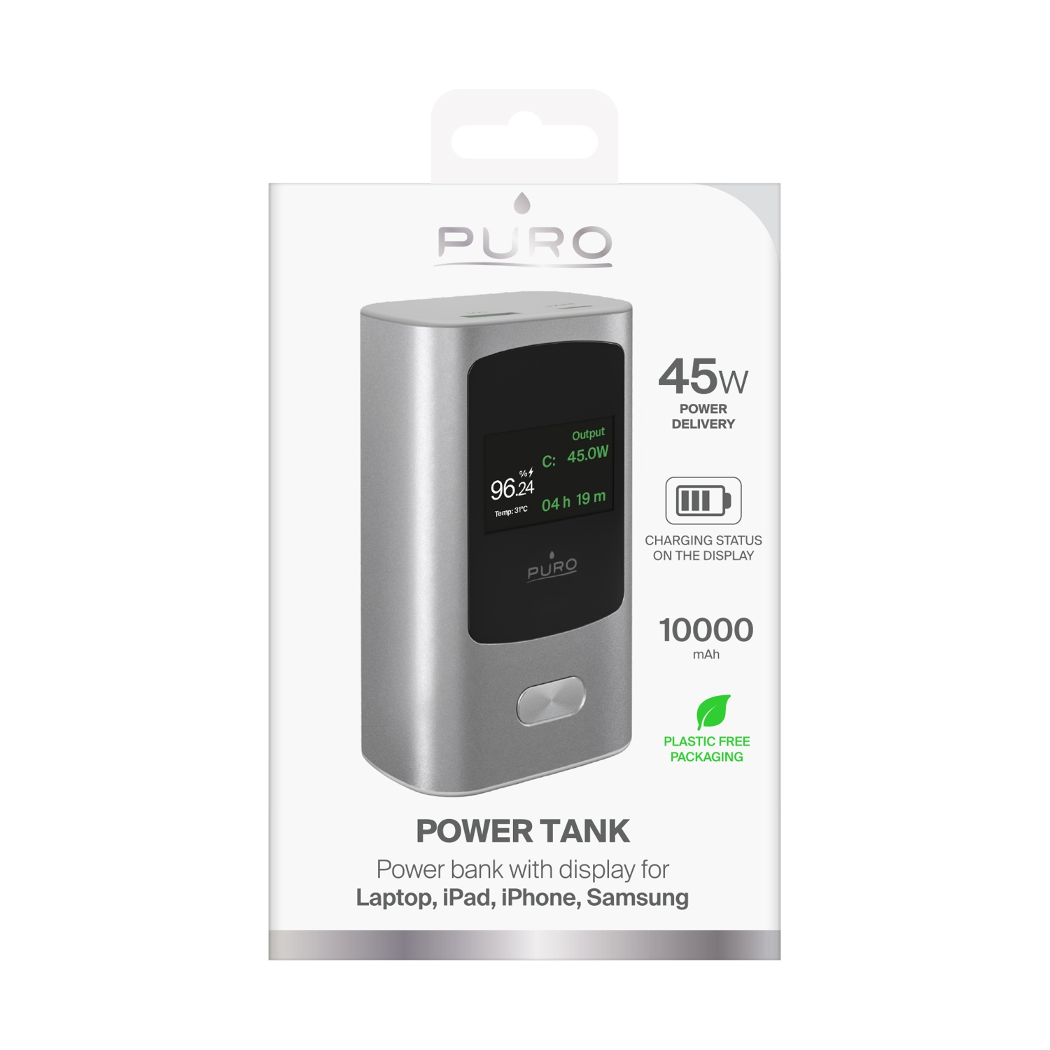 Confezione di un power bank PURO argentato con display digitale, erogazione di 45W e capacità di 10000mAh.