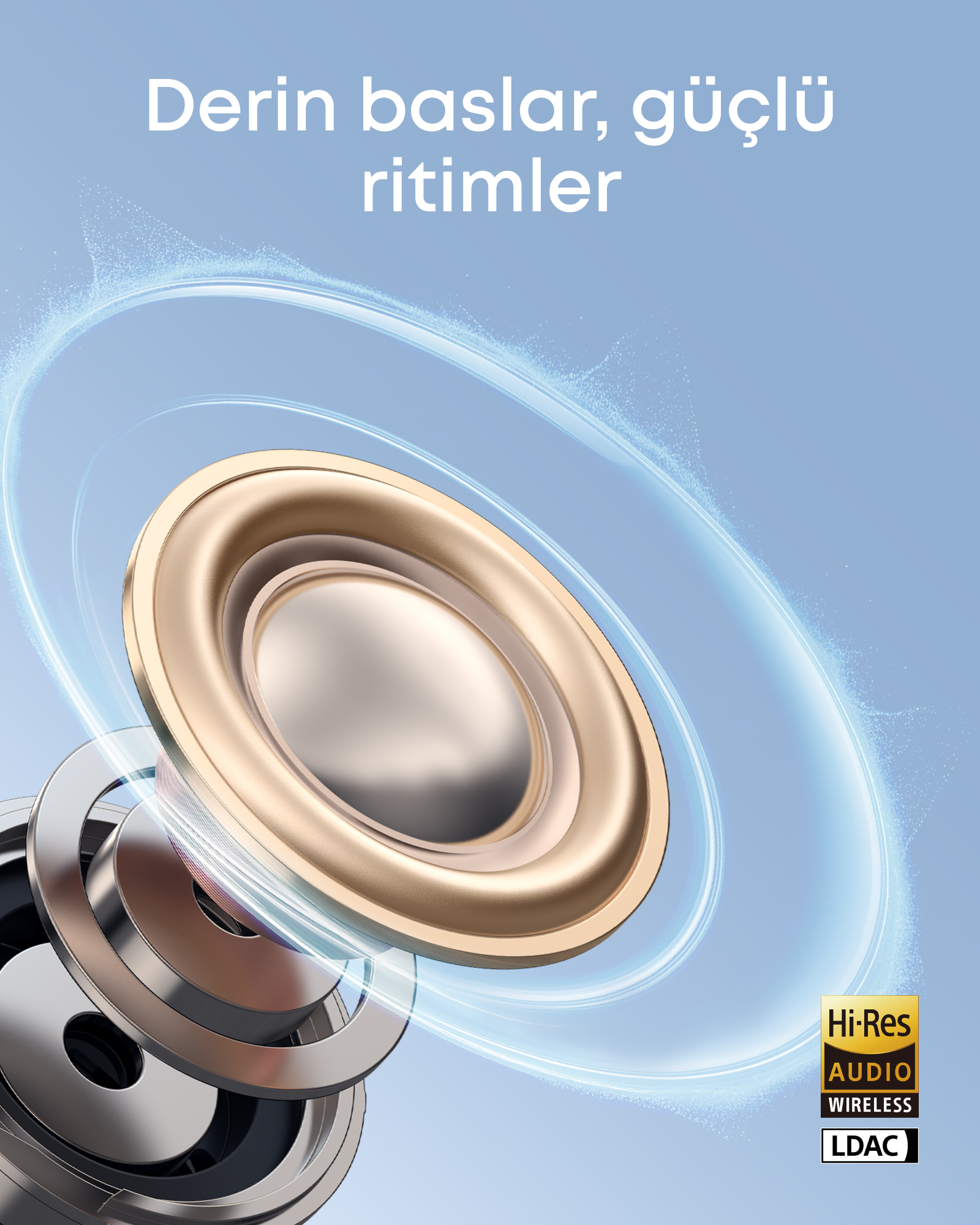 Mavi arka planda halka ses dalgaları olan altın renkli bir hoparlör.
