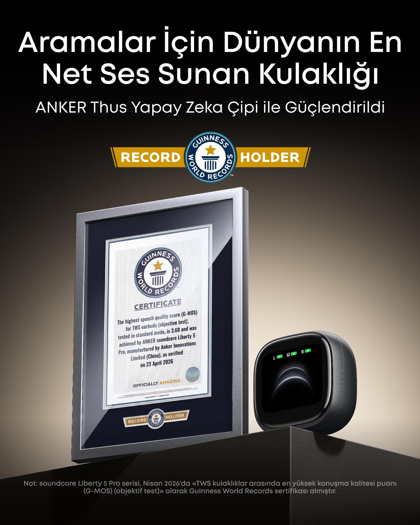 Gümüş çerçeveli Guinness Dünya Rekoru sertifikası ve yanında bir Anker kulaklık kutusu.