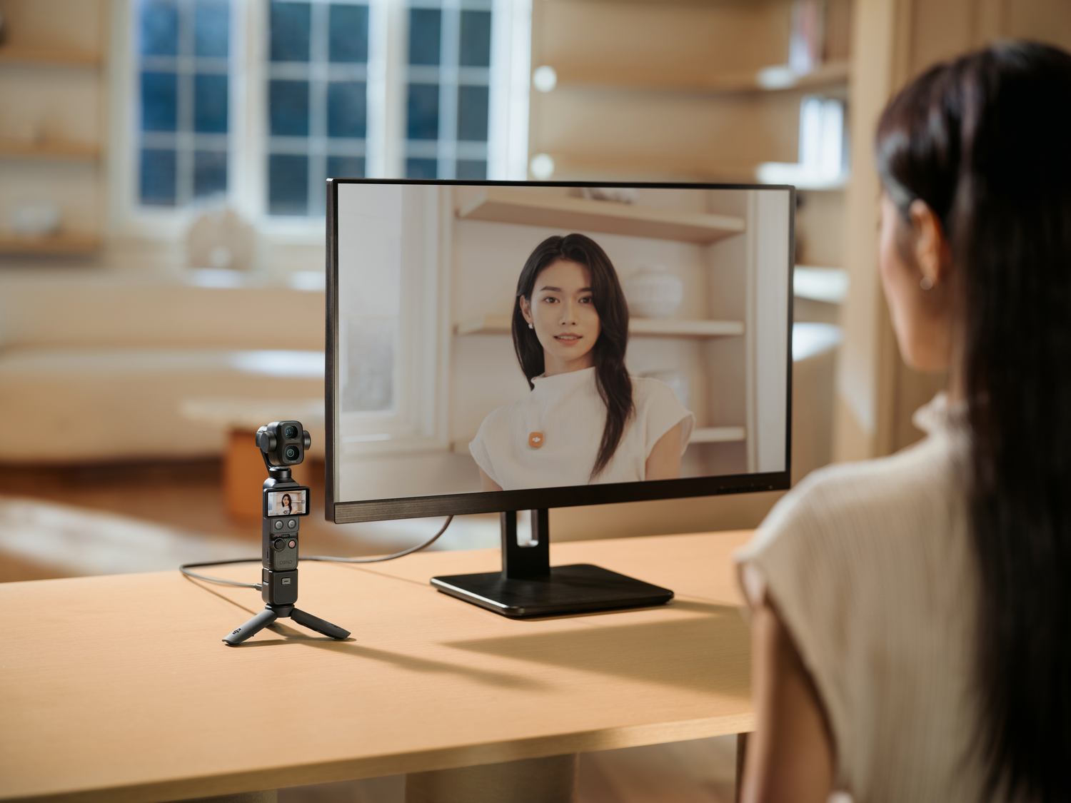 Una mujer se sienta en un escritorio ante un monitor que muestra una videollamada y una cámara pequeña al lado.