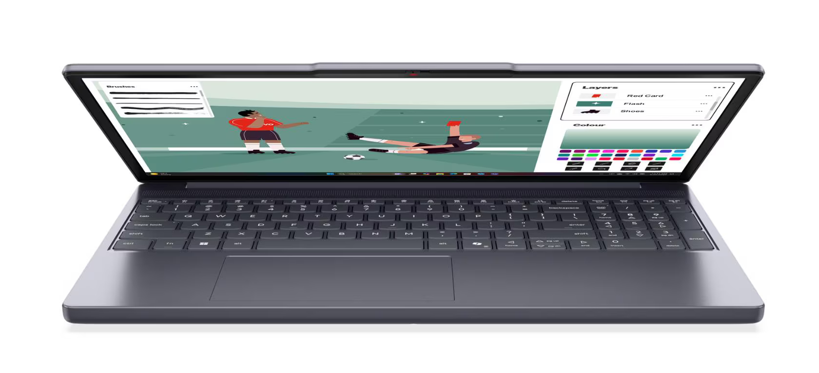 Otwarty laptop wyświetla na ekranie oprogramowanie do projektowania graficznego z dwiema osobami.