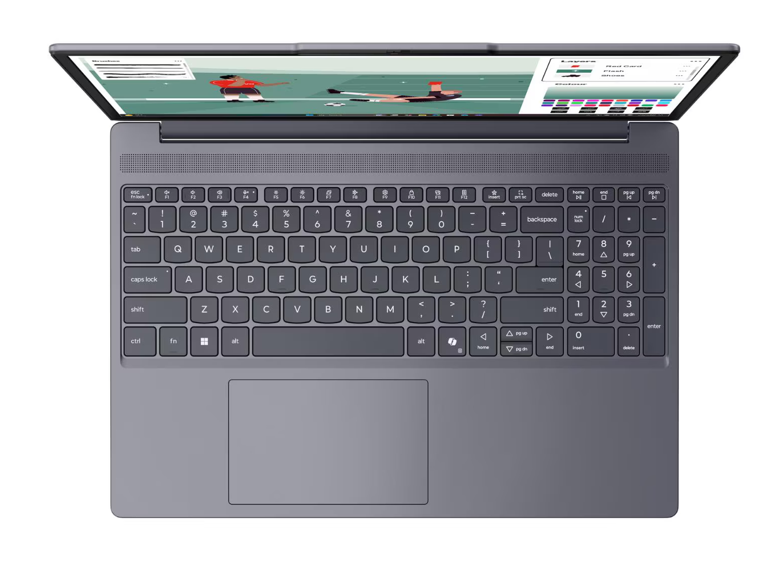 Widok z góry na szary laptop z otwartym ekranem, na którym wyświetlana jest grafika kreskówková.