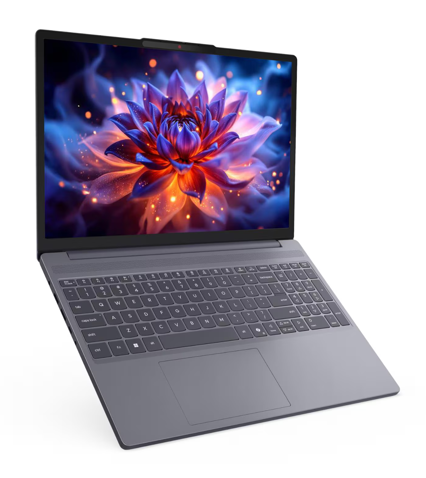 Otwarty szary laptop z grafiką fioletowo-pomarańczowego kwiatu na niebieskim tle.