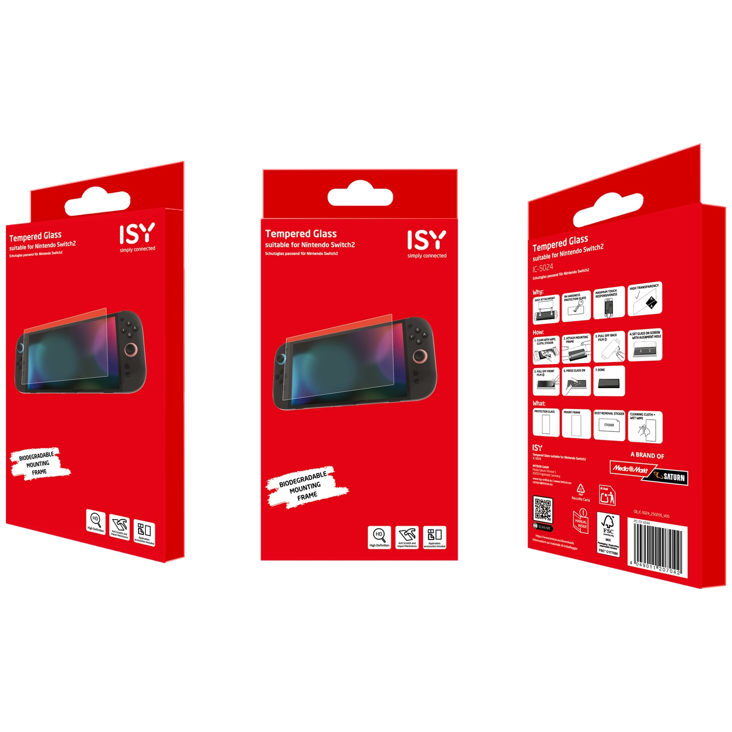 Red product packaging for Isy Tempered Glass for Nintendo Switch 2 featuring the console image.