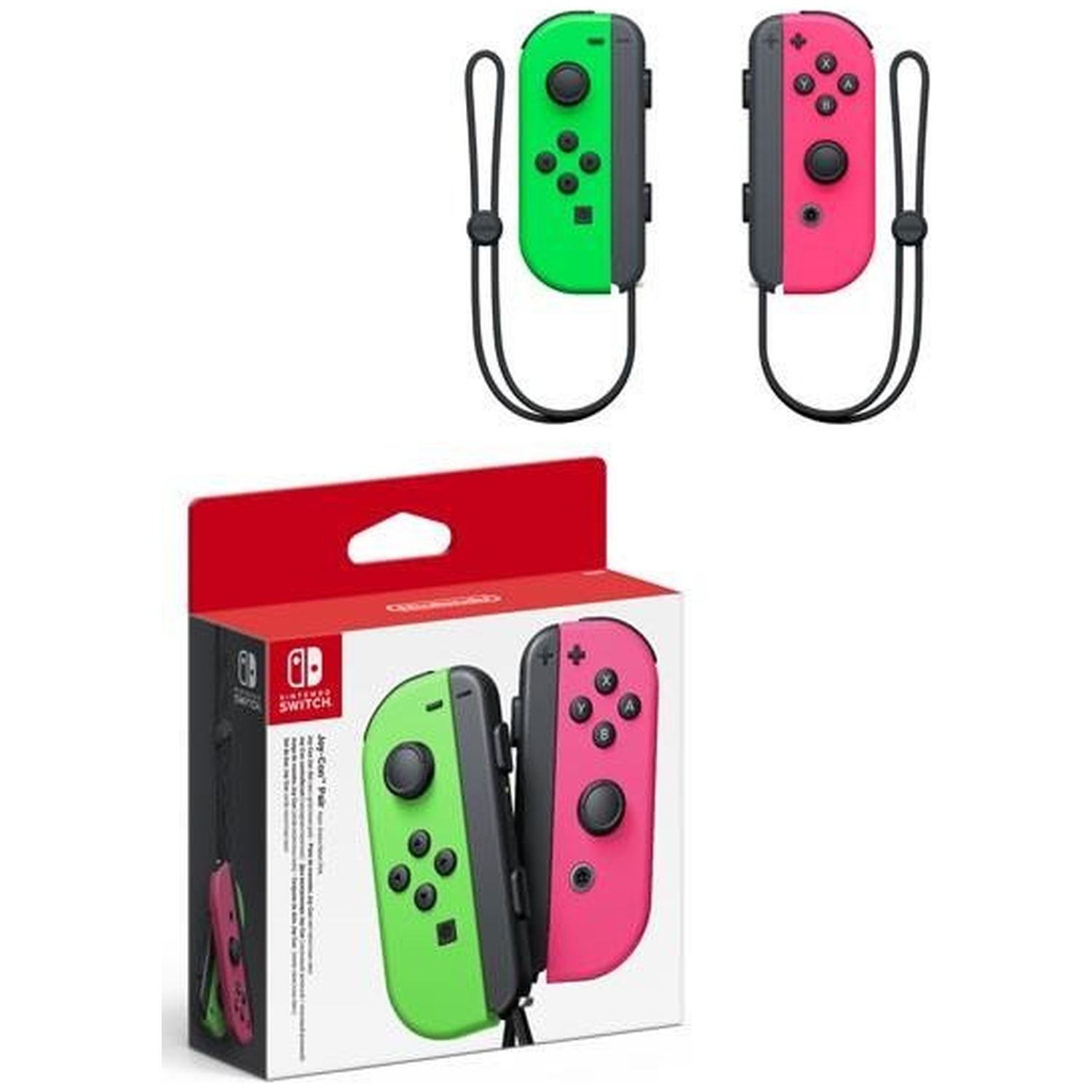 Neon groene en roze Nintendo Switch Joy-Con controllers met hun zwarte polsbandjes en hun verpakking.