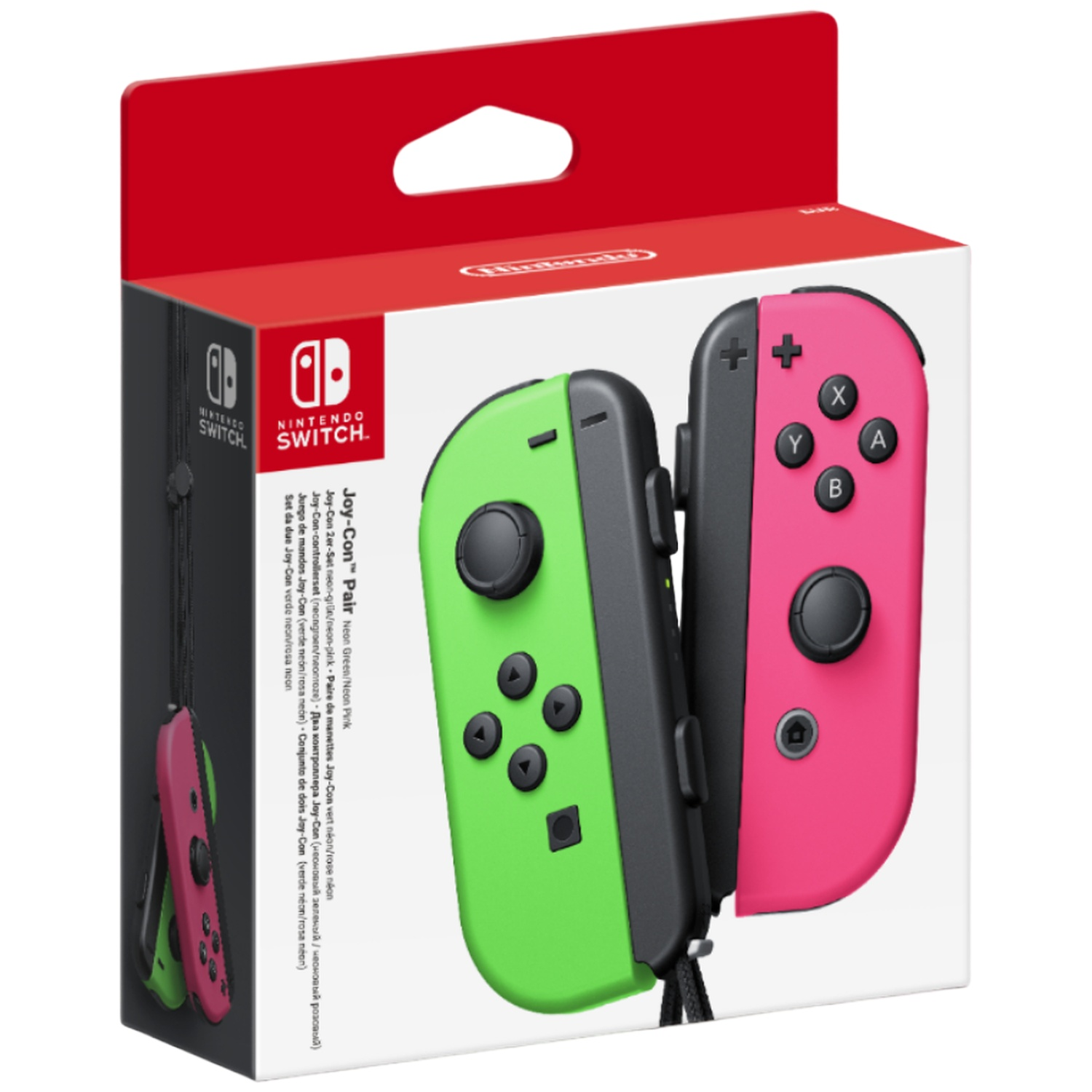 Nintendo Switch Joy-Con-set in neon groen en neon roze in de verpakkingsdoos.
