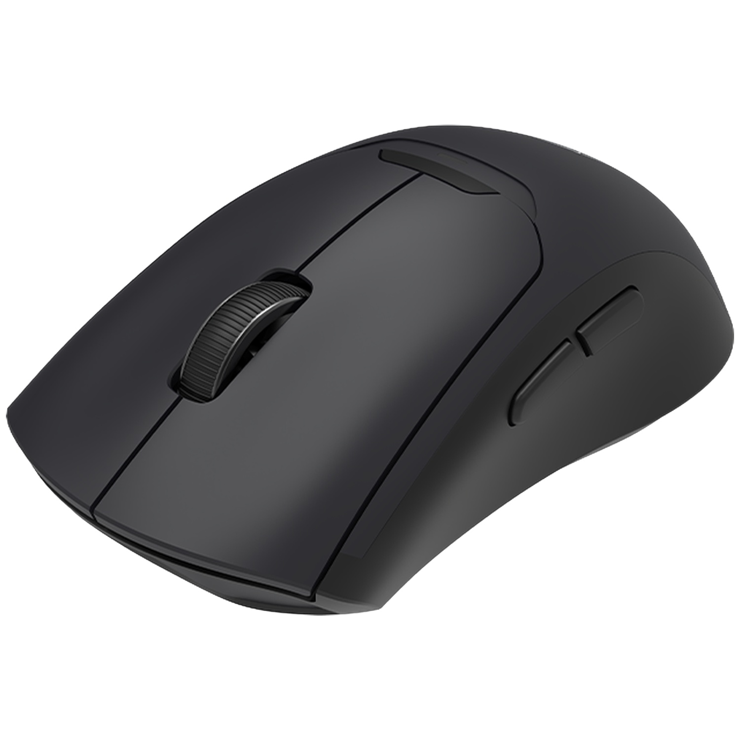 Een zwarte draadloze computermuis met een scrollwiel en zijknoppen, gezien vanuit een hoge hoek.