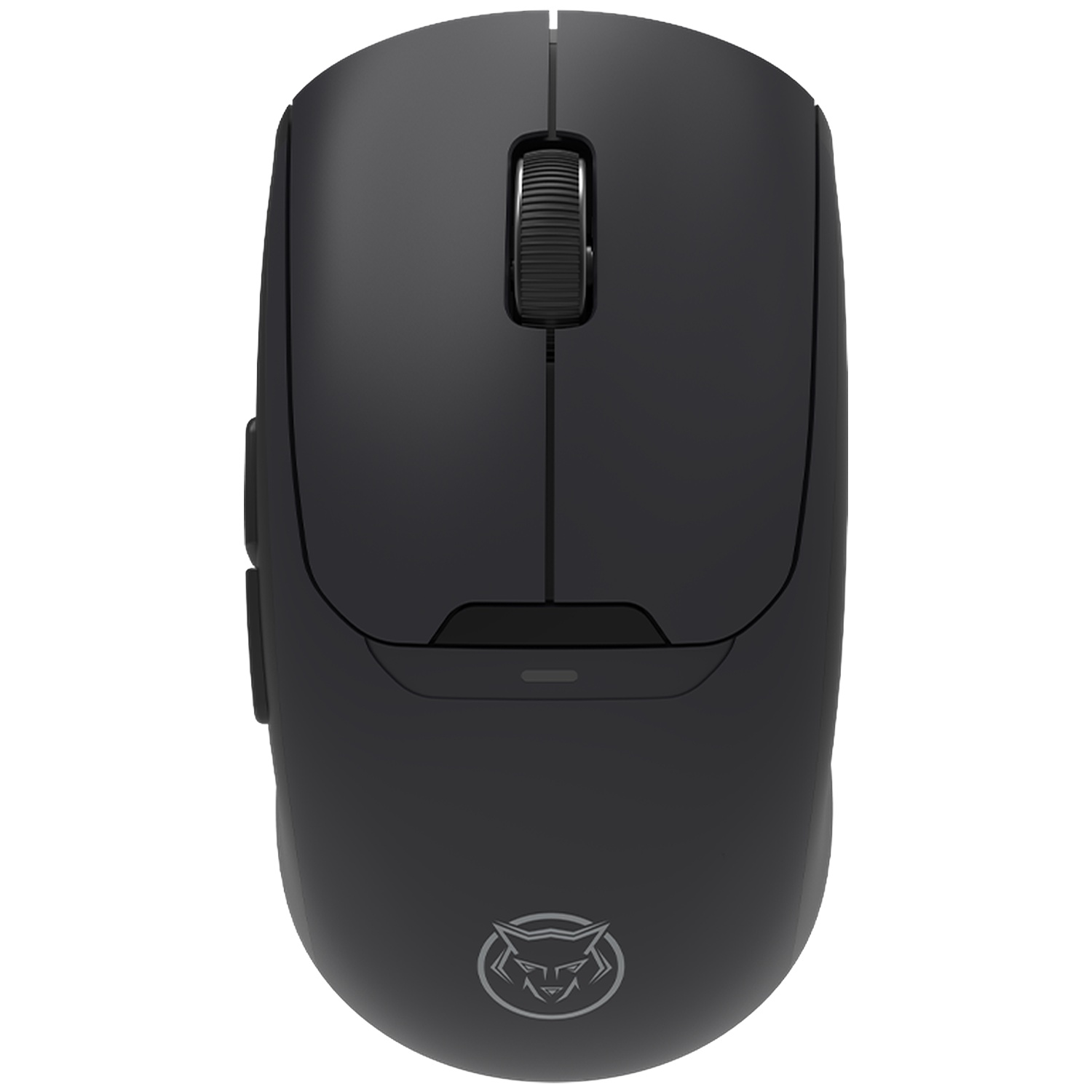 Een mat zwarte draadloze computerpauze met een scrollwiel, twee knoppen bovenop en een grijs wolf logo onderaan.