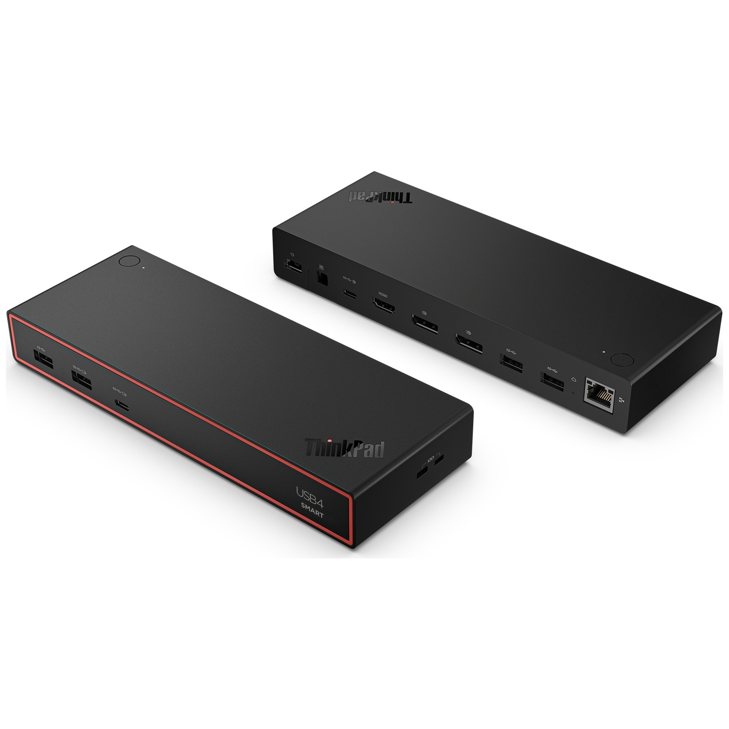 Deux stations d'accueil noires Lenovo ThinkPad USB4 Smart avec des accents rouges et divers ports sur fond blanc.