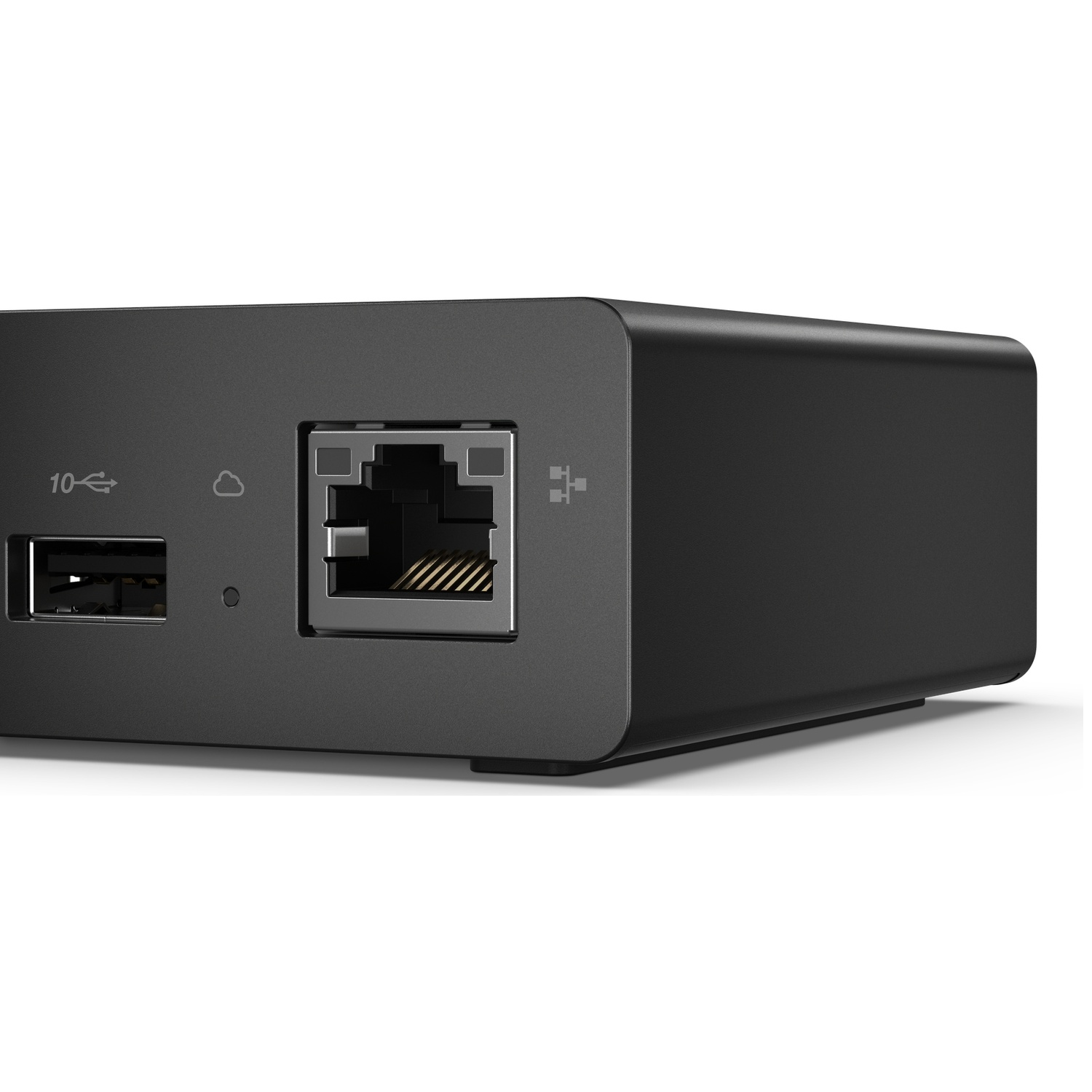 Un appareil électronique noir comporte un port USB et un port Ethernet sur son panneau latéral.