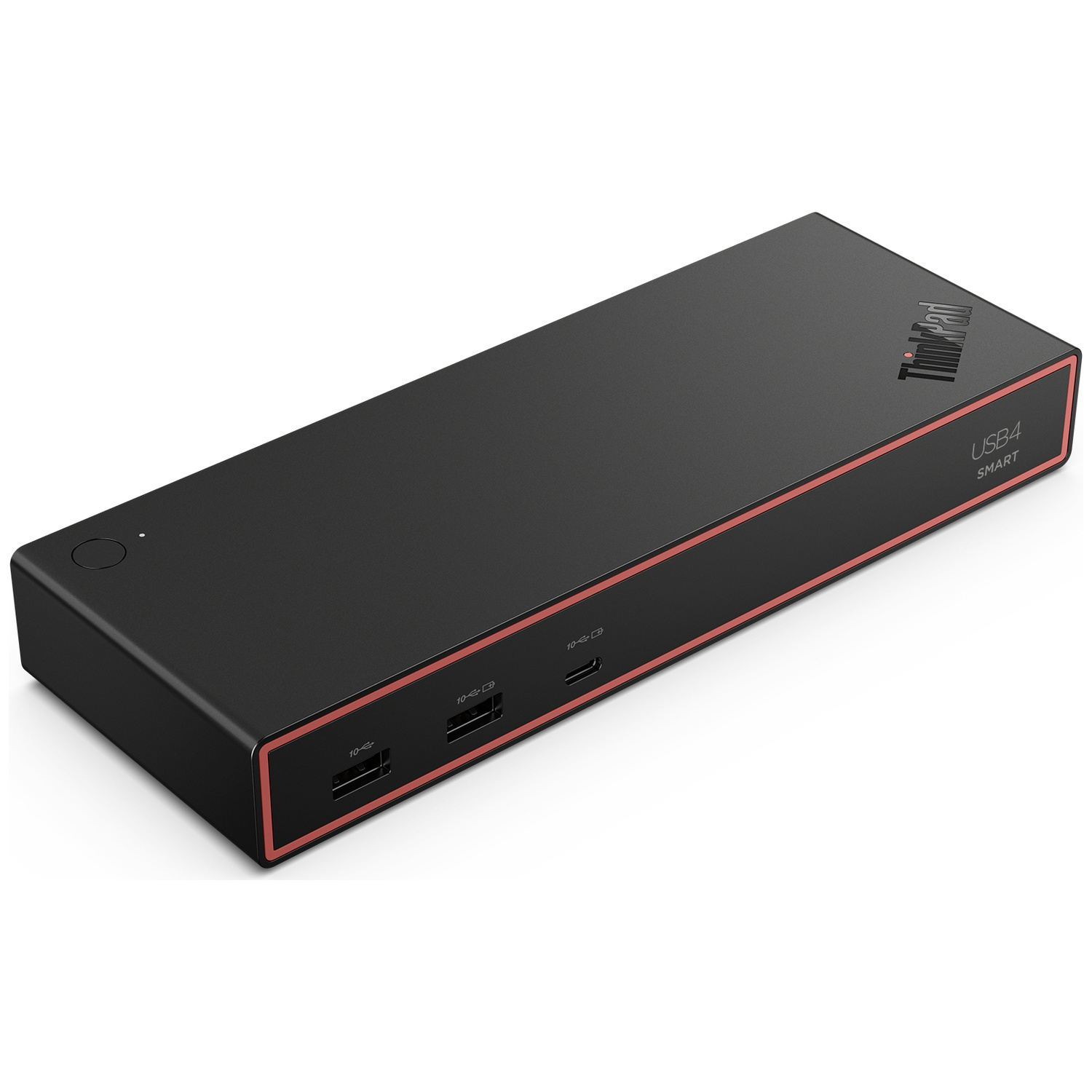 Une station d'accueil noire ThinkPad USB4 Smart Dock avec bordure rouge, ports et bouton d'alimentation.